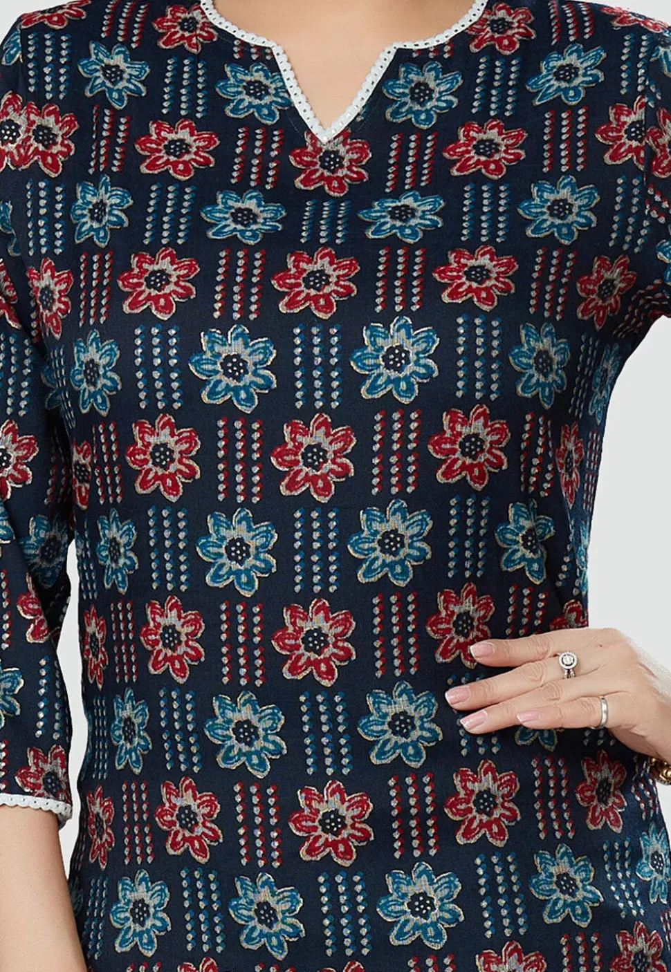 Digital Printed Rayon Kurti in Navy Blue