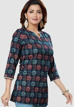Digital Printed Rayon Kurti in Navy Blue