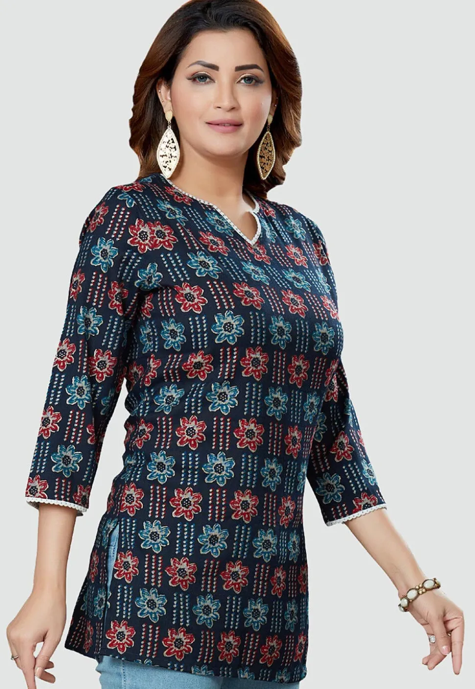Digital Printed Rayon Kurti in Navy Blue
