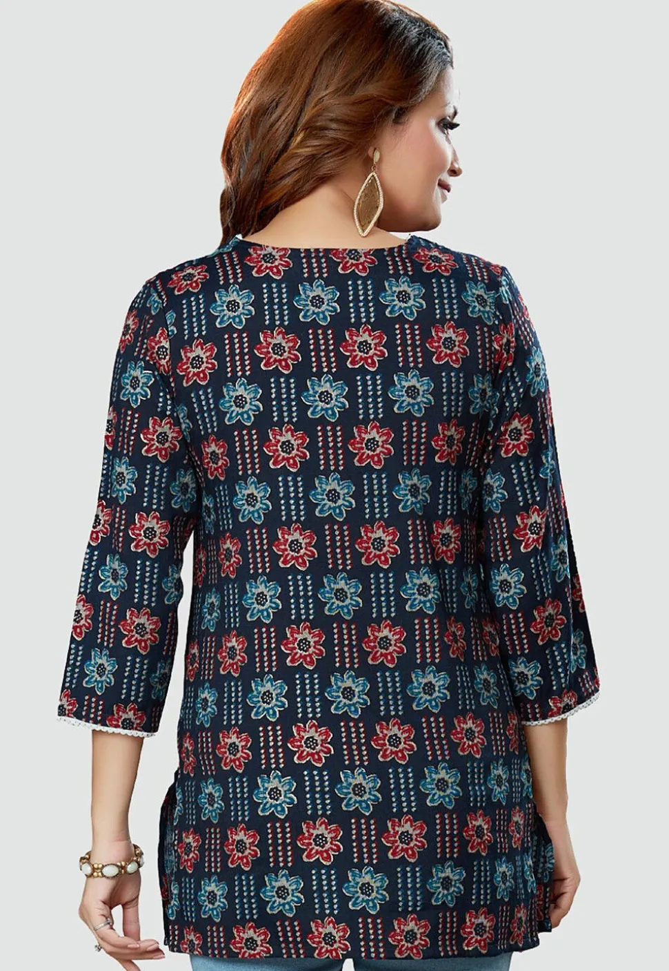 Digital Printed Rayon Kurti in Navy Blue