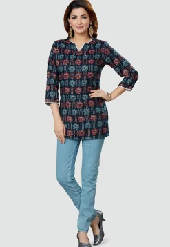 Digital Printed Rayon Kurti in Navy Blue