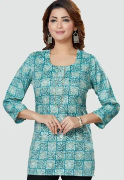 Digital Printed Rayon Kurti in Teal Blue