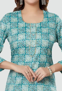 Digital Printed Rayon Kurti in Teal Blue