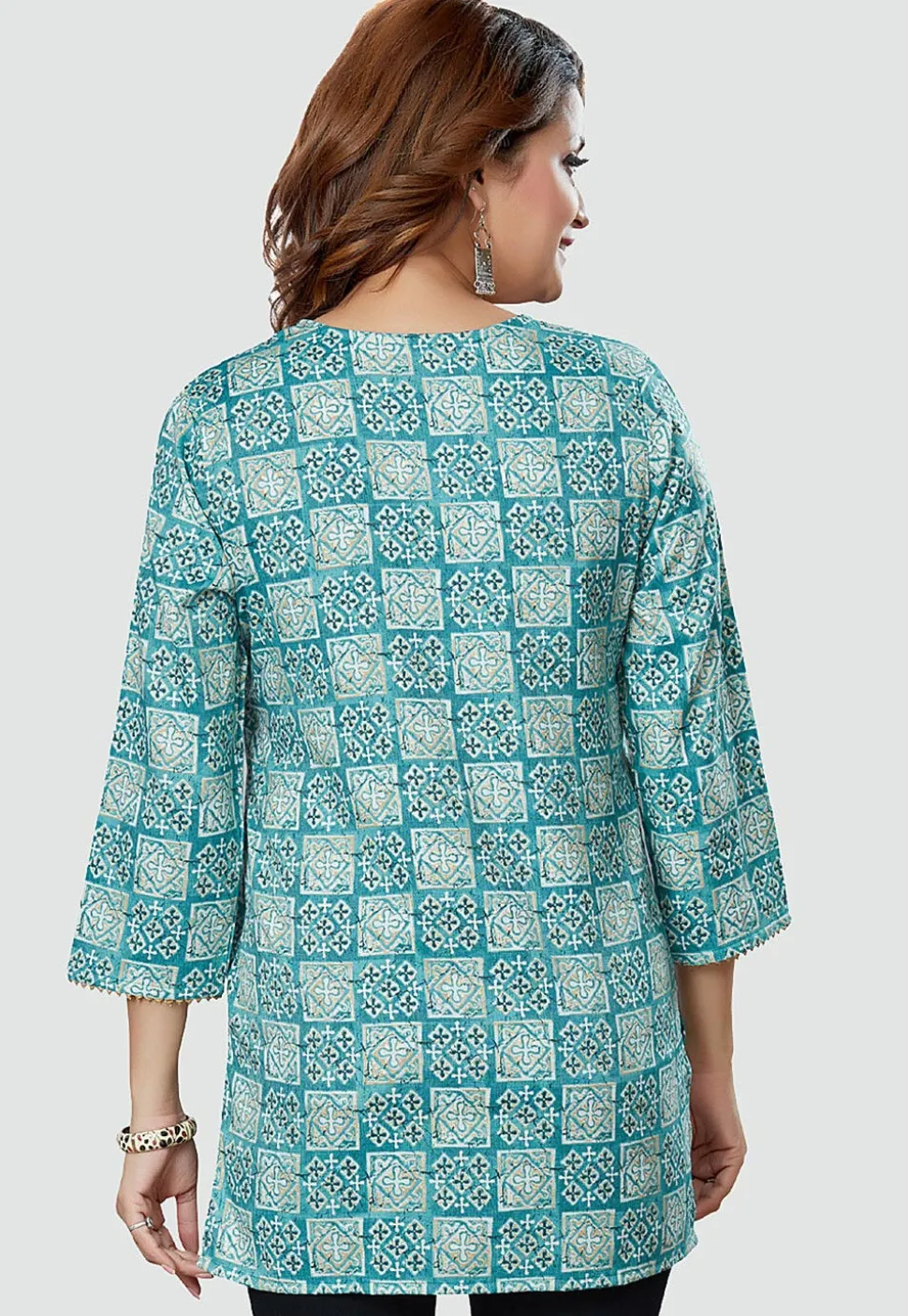 Digital Printed Rayon Kurti in Teal Blue
