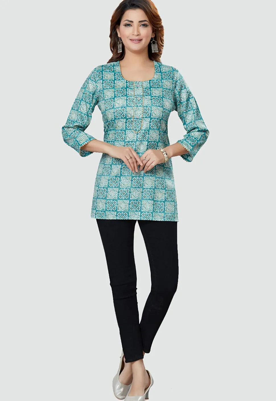 Digital Printed Rayon Kurti in Teal Blue