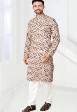 Digital Printed Rayon Kurta Set in Cream