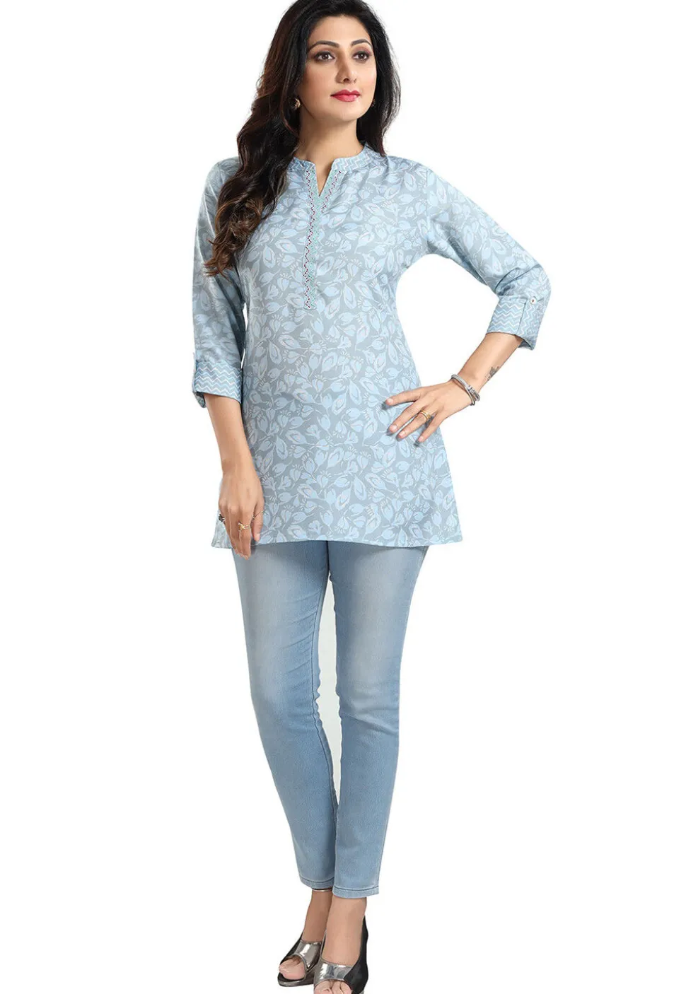 Digital Printed Rayon Kurti in Light Blue