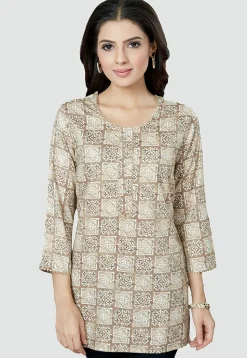 Digital Printed Rayon Kurti in Light Beige