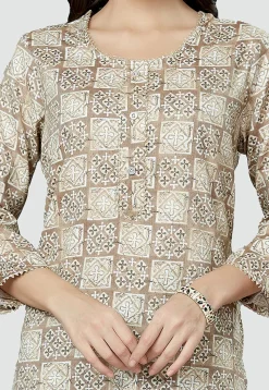 Digital Printed Rayon Kurti in Light Beige
