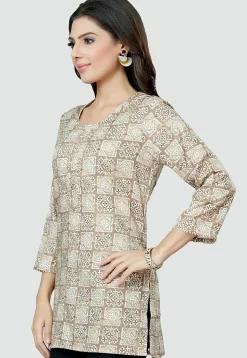 Digital Printed Rayon Kurti in Light Beige