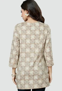 Digital Printed Rayon Kurti in Light Beige
