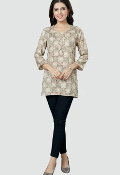 Digital Printed Rayon Kurti in Light Beige