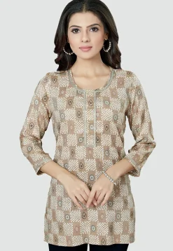 Digital Printed Rayon Kurti in Beige