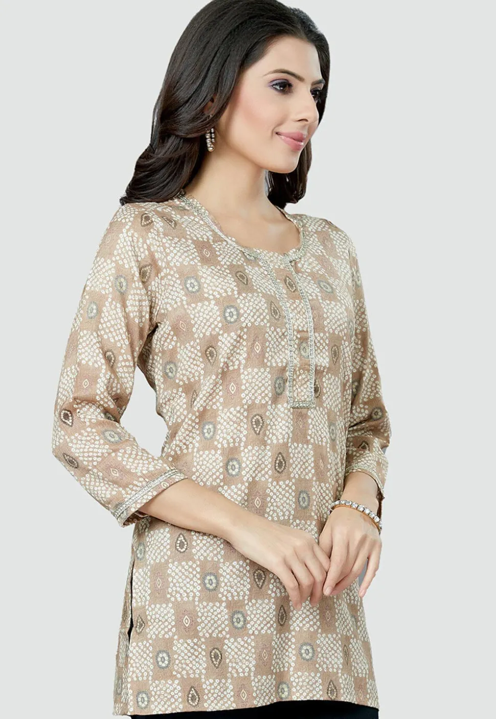 Digital Printed Rayon Kurti in Beige