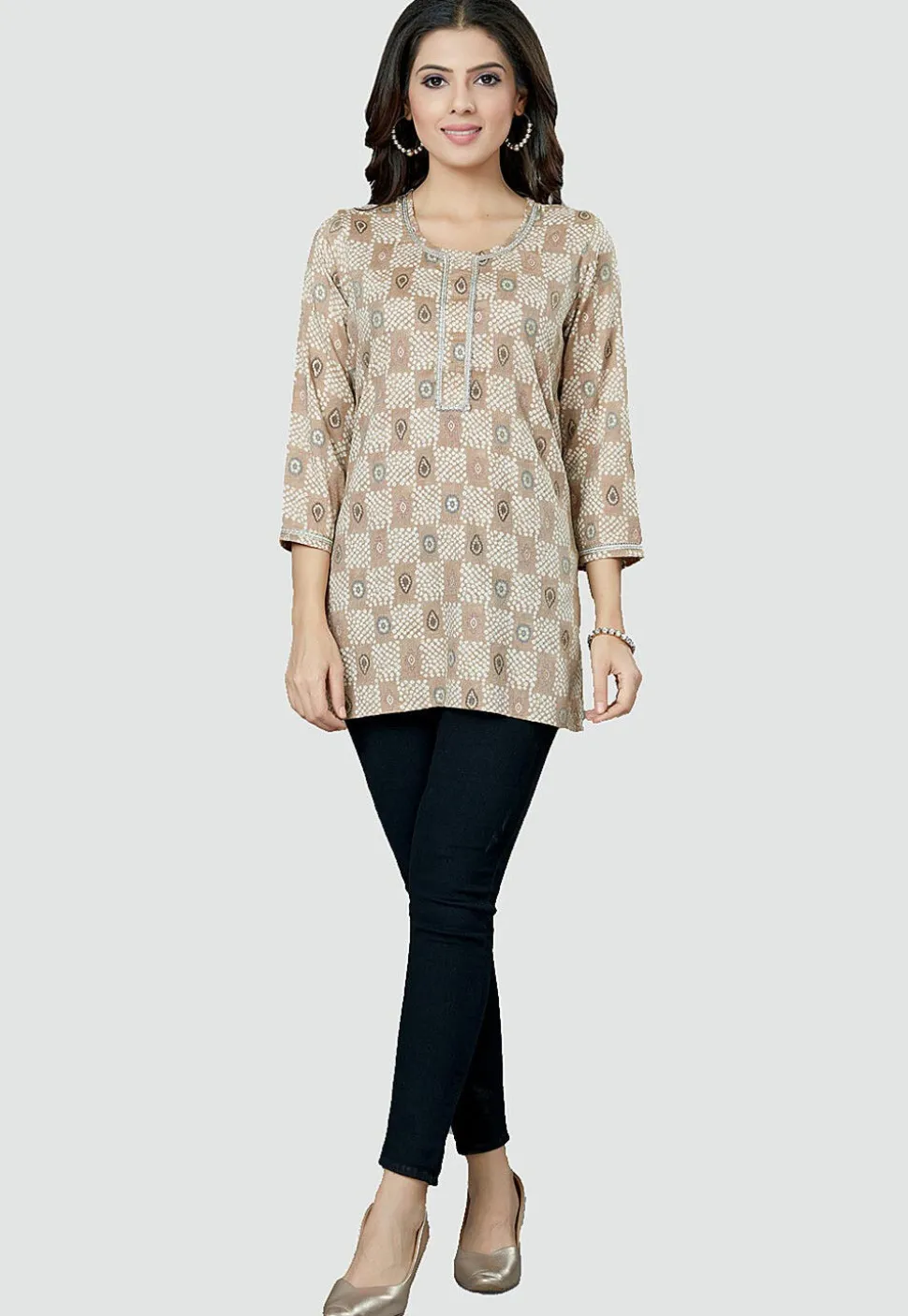 Digital Printed Rayon Kurti in Beige