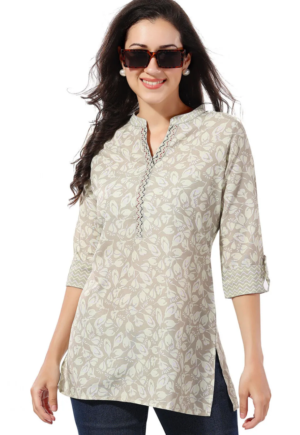 Digital Printed Rayon Kurti in Light Grey