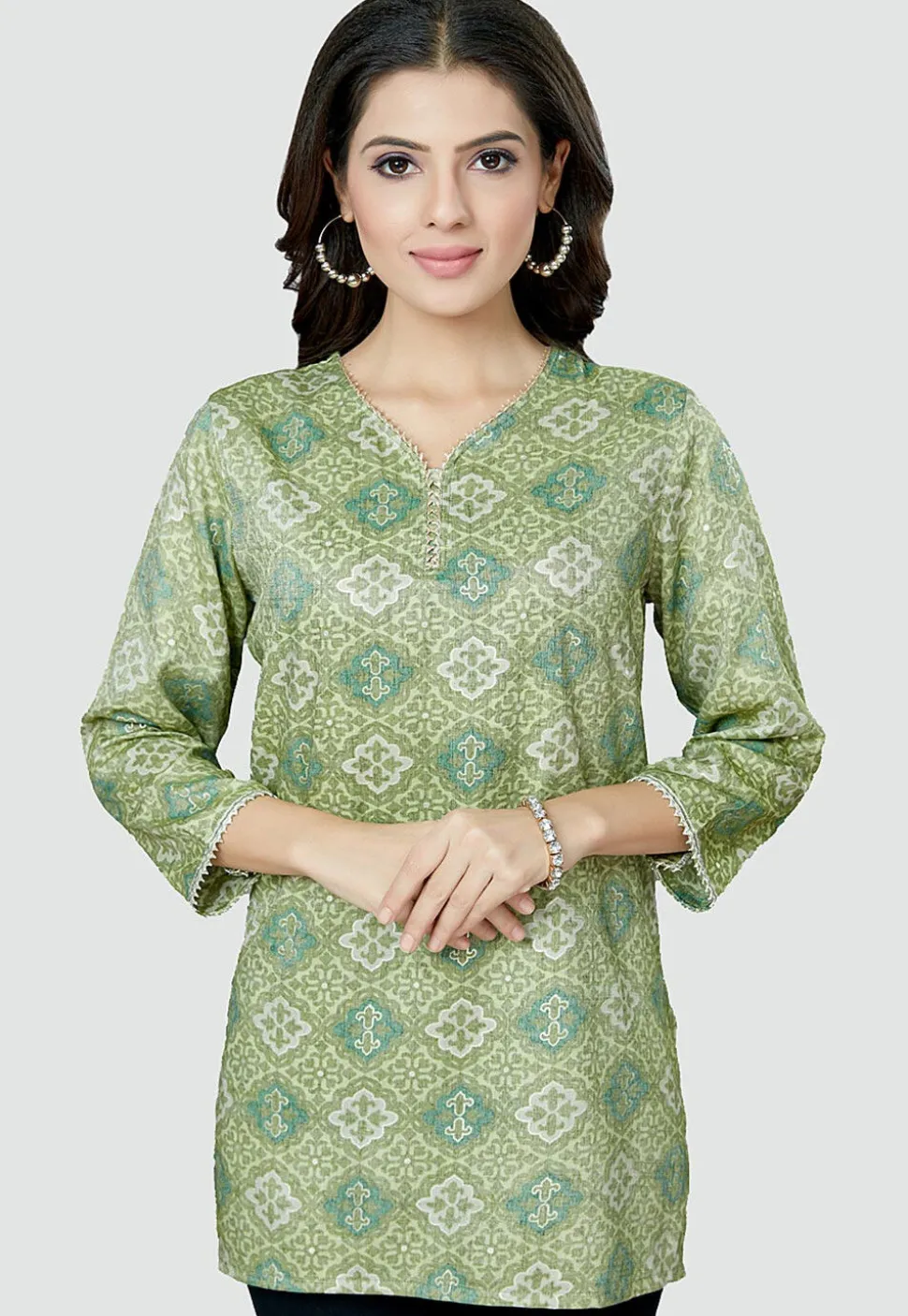 Digital Printed Rayon Kurti in Olive Green