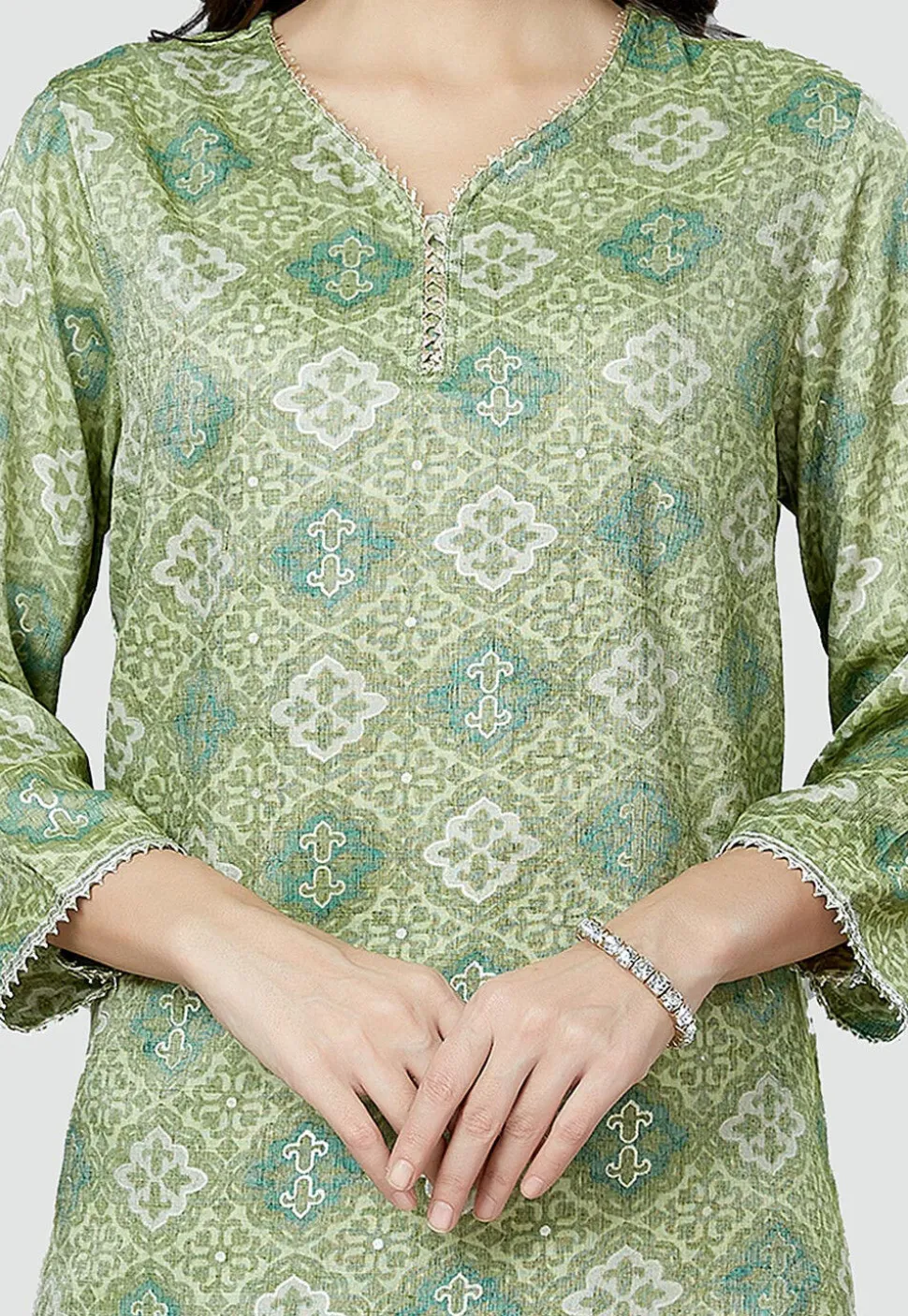 Digital Printed Rayon Kurti in Olive Green