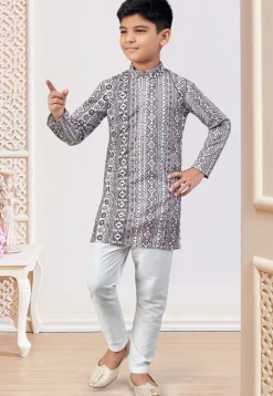 Digital Printed Rayon Kurta Set in Off White and Grey