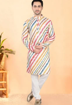 Digital Printed Rayon Kurta in Off White and Multicolor