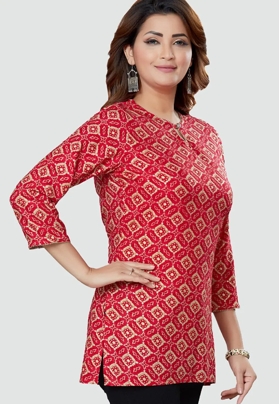 Digital Printed Rayon Kurti in Red
