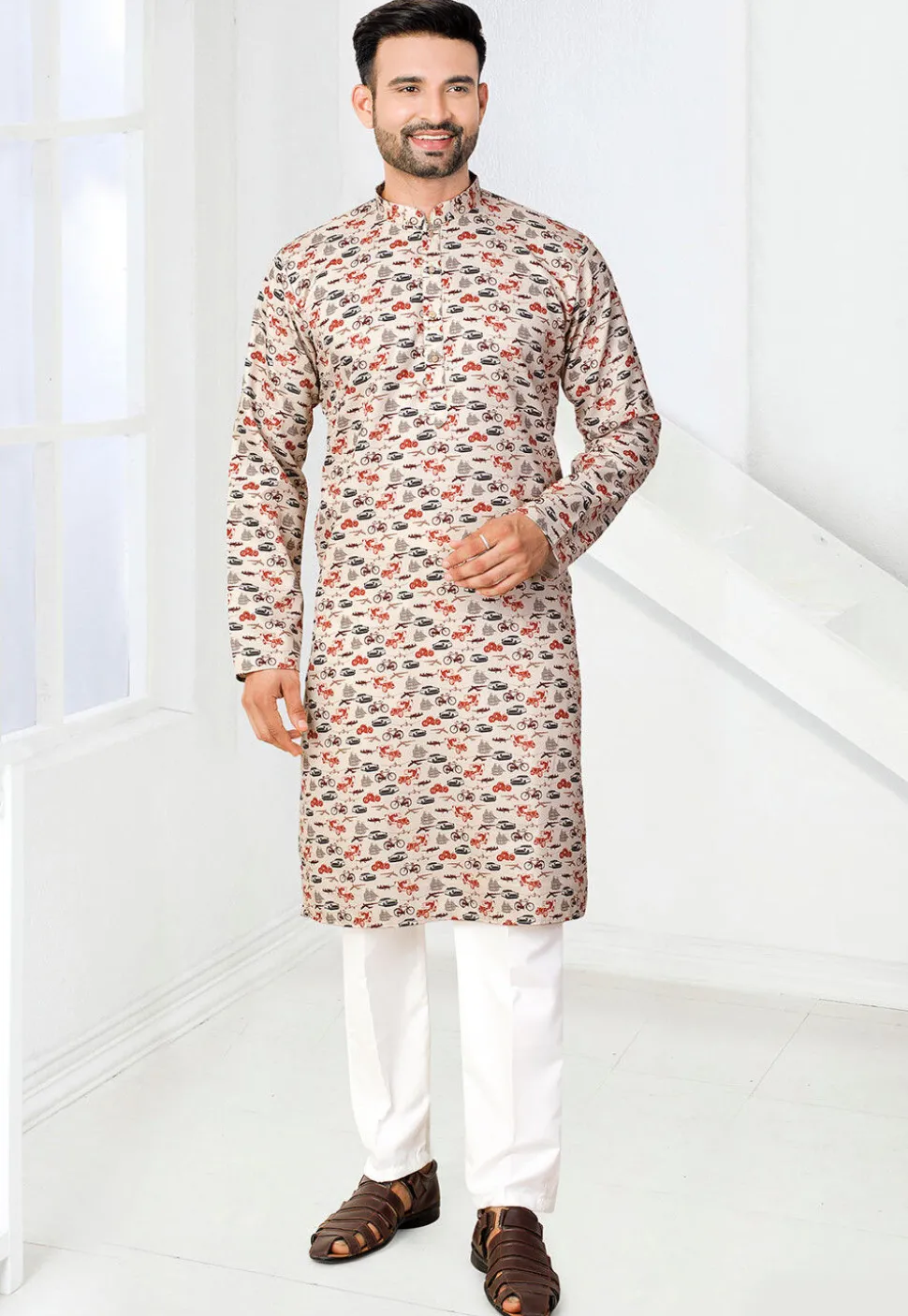 Digital Printed Rayon Kurta in Cream