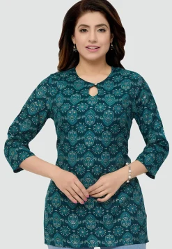 Digital Printed Rayon Kurti in Teal Blue