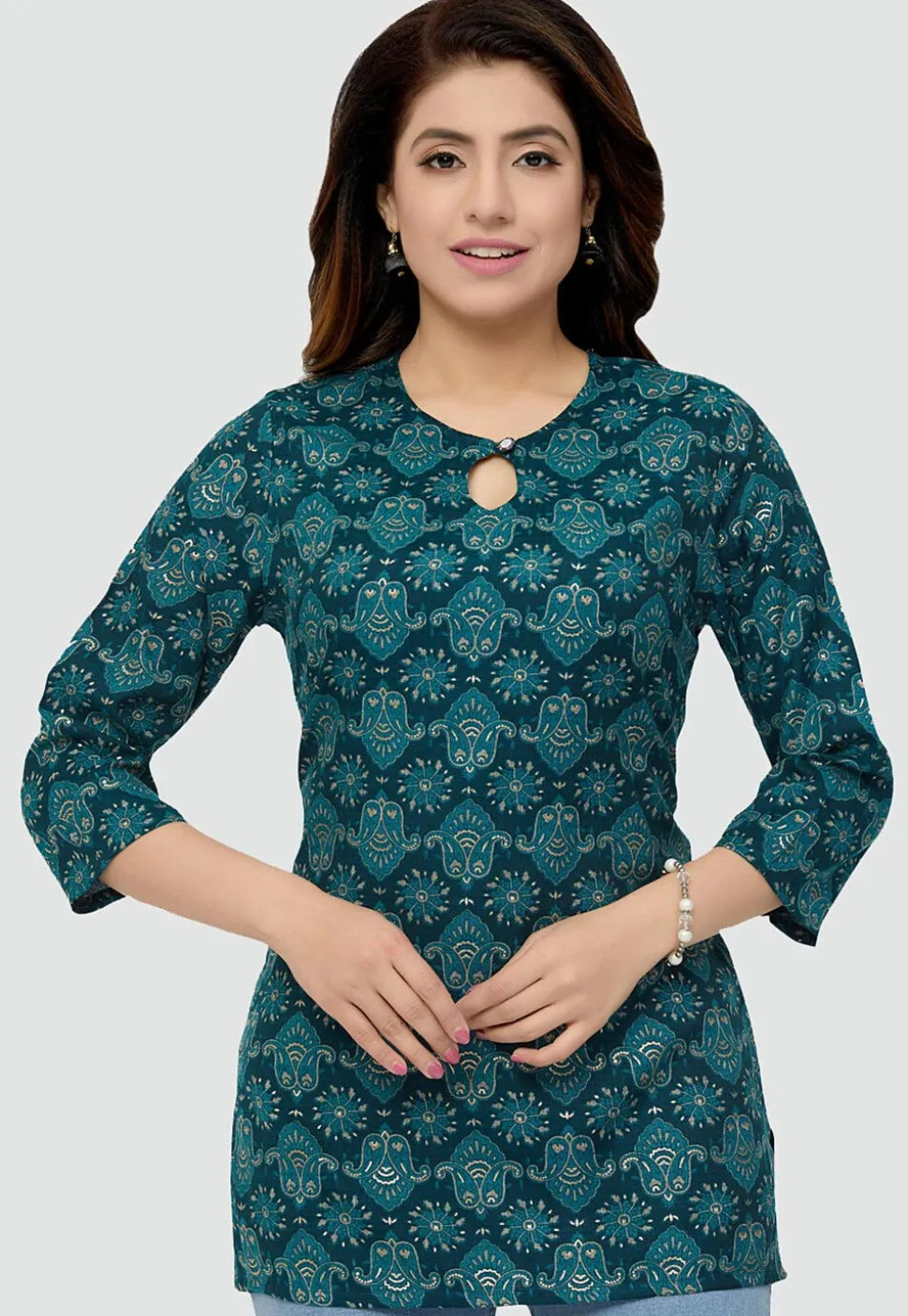 Digital Printed Rayon Kurti in Teal Blue