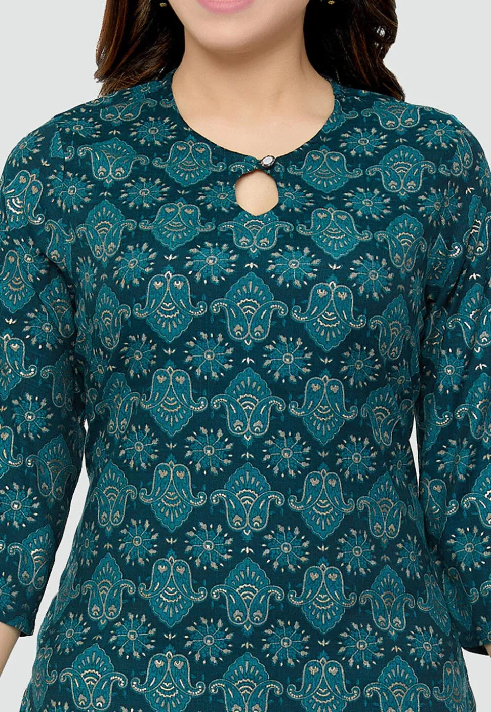 Digital Printed Rayon Kurti in Teal Blue