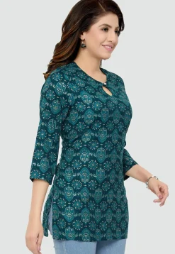 Digital Printed Rayon Kurti in Teal Blue