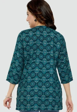 Digital Printed Rayon Kurti in Teal Blue