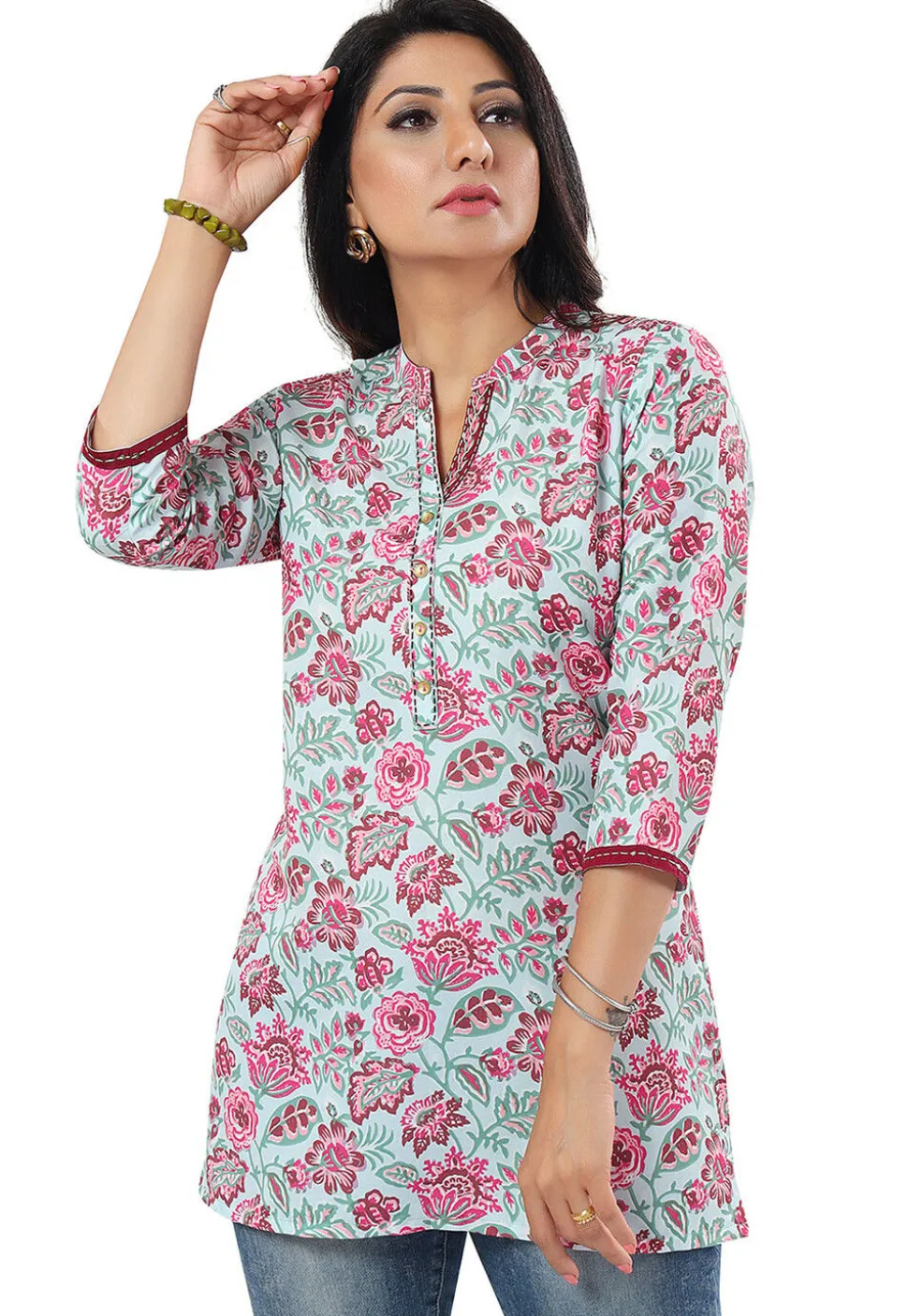 Digital Printed Rayon Kurti in Sea Green