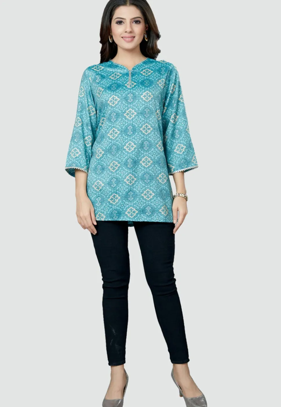 Digital Printed Rayon Kurti in Sky Blue