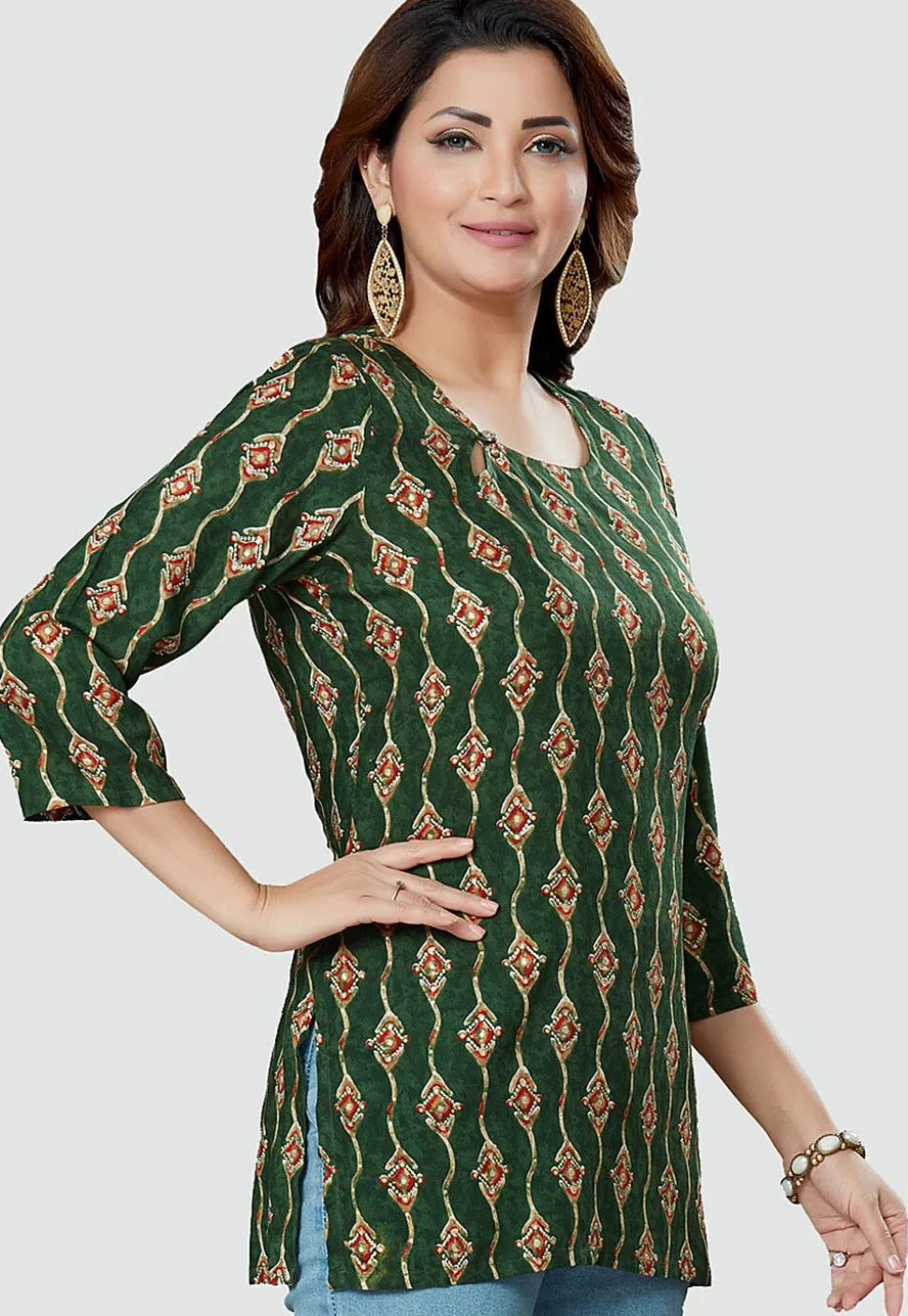 Digital Printed Rayon Kurti in Green