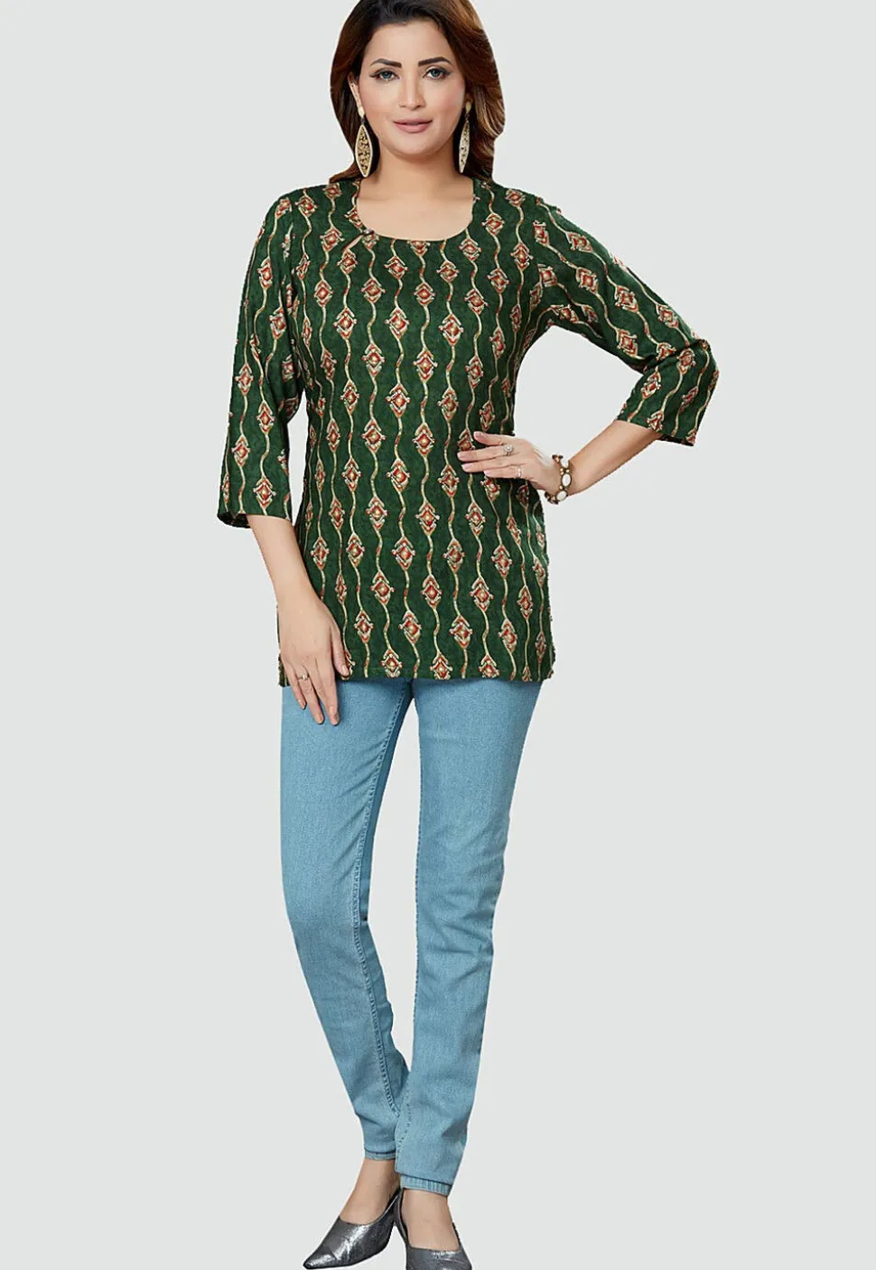 Digital Printed Rayon Kurti in Green