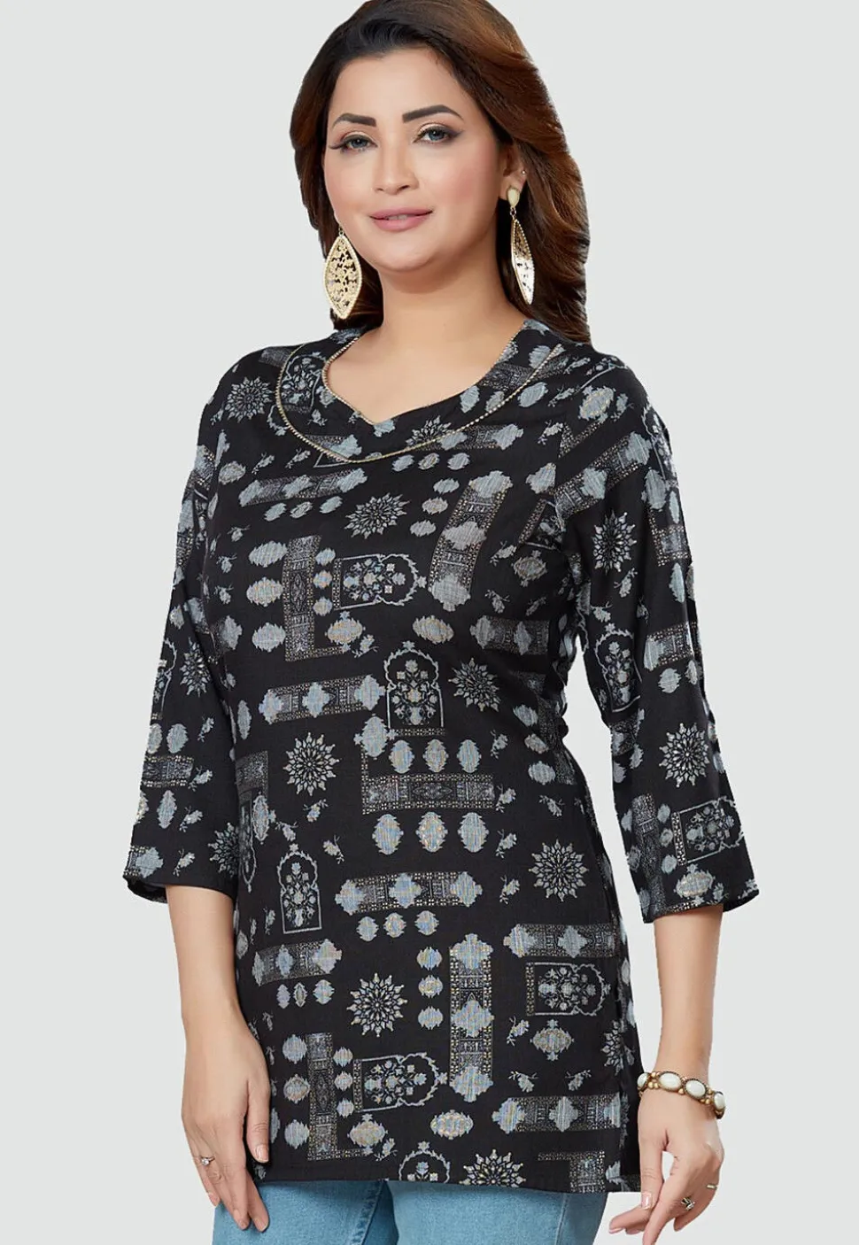 Digital Printed Rayon Kurti in Black