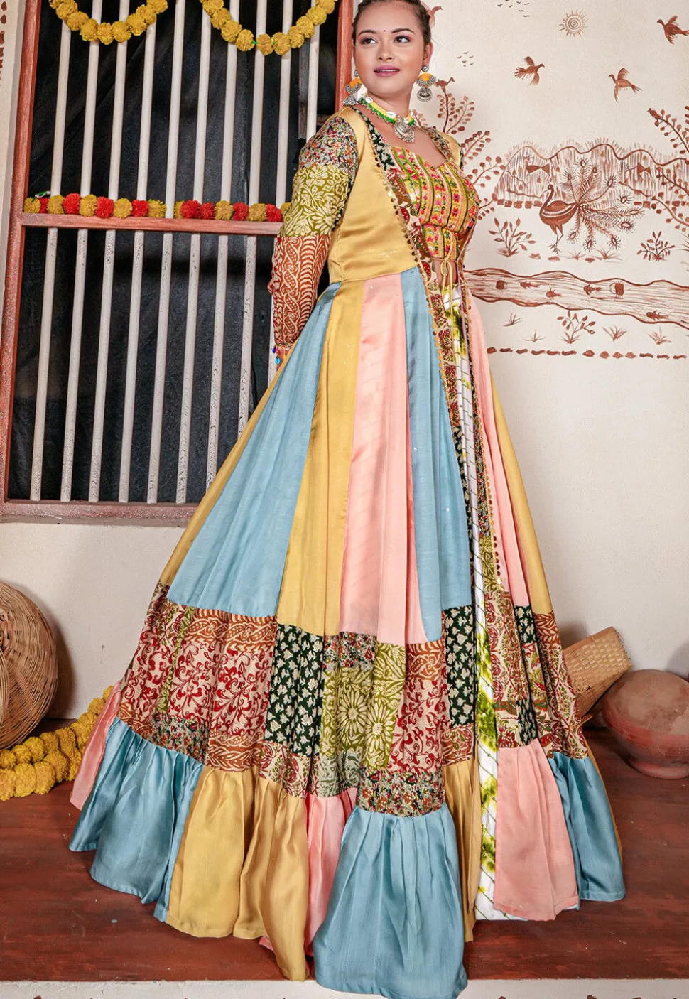 Digital Printed Rayon Lehenga in White