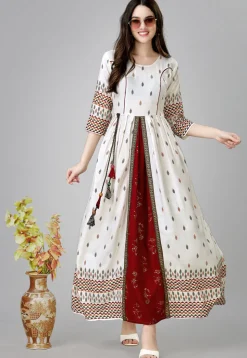 Digital Printed Rayon Long Kurta in Off White