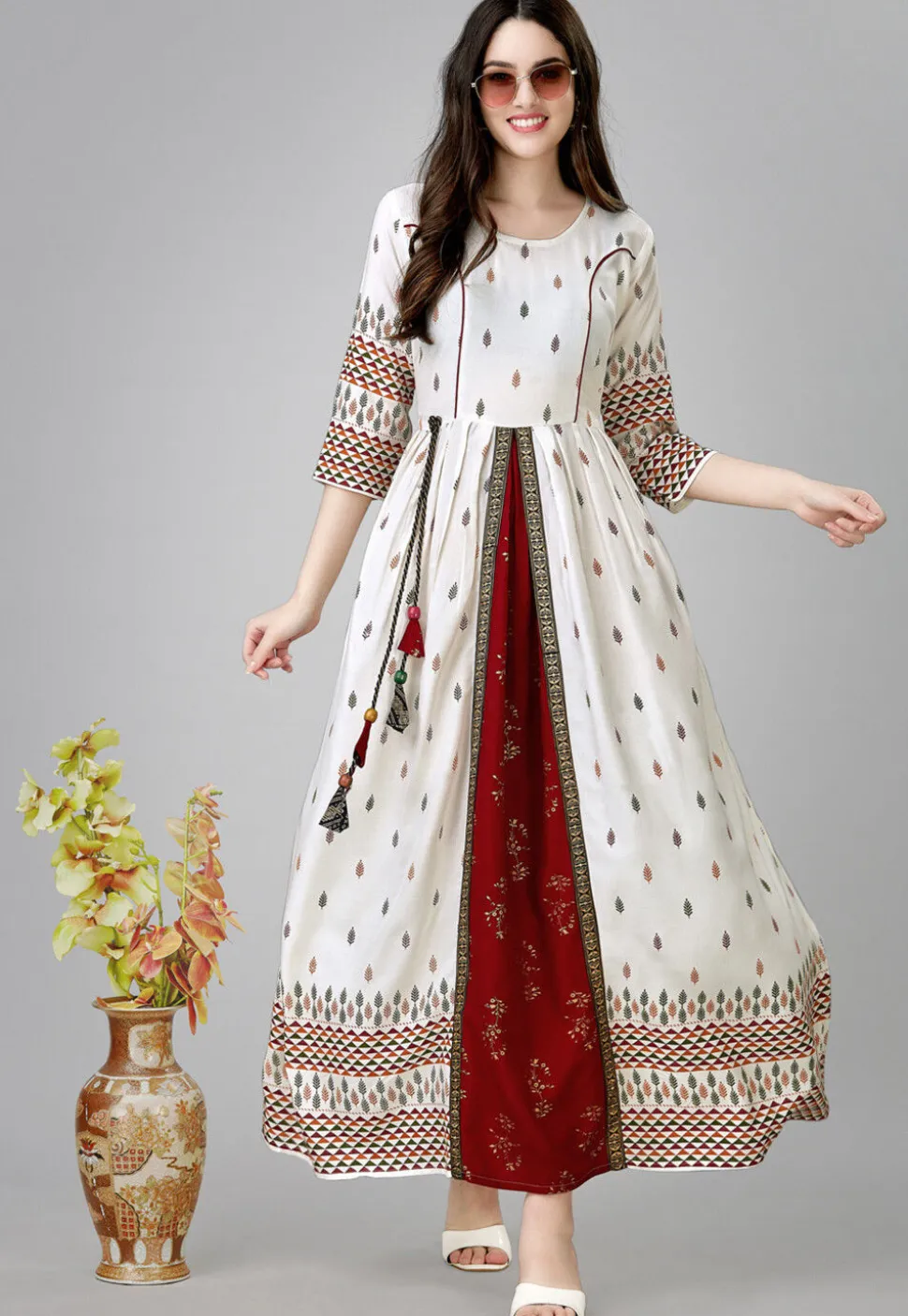 Digital Printed Rayon Long Kurta in Off White