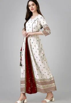 Digital Printed Rayon Long Kurta in Off White