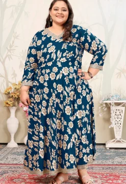 Digital Printed Rayon Long Kurta in Teal Blue