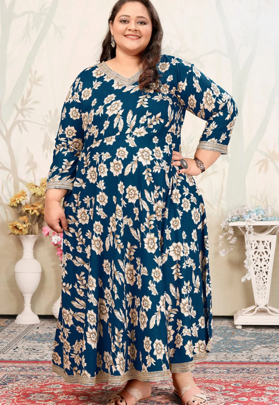 Digital Printed Rayon Long Kurta in Teal Blue