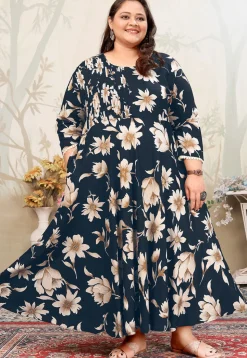 Digital Printed Rayon Long Kurta in Dark Blue