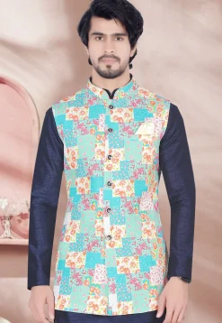 Digital Printed Rayon Long Nehru Jacket in Sky Blue