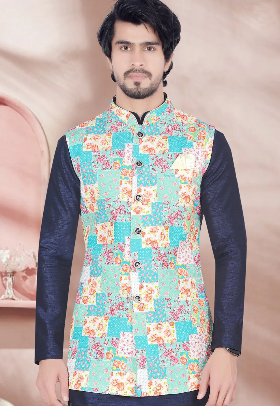 Digital Printed Rayon Long Nehru Jacket in Sky Blue