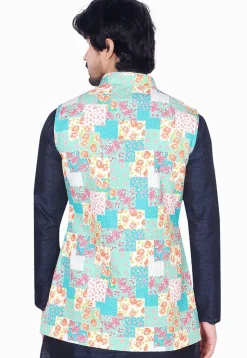 Digital Printed Rayon Long Nehru Jacket in Sky Blue