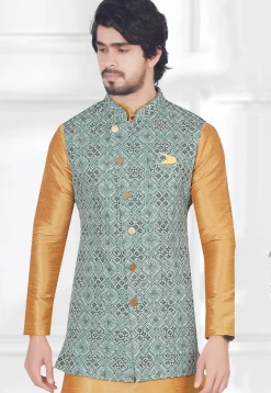 Digital Printed Rayon Long Nehru Jacket in Sea Green