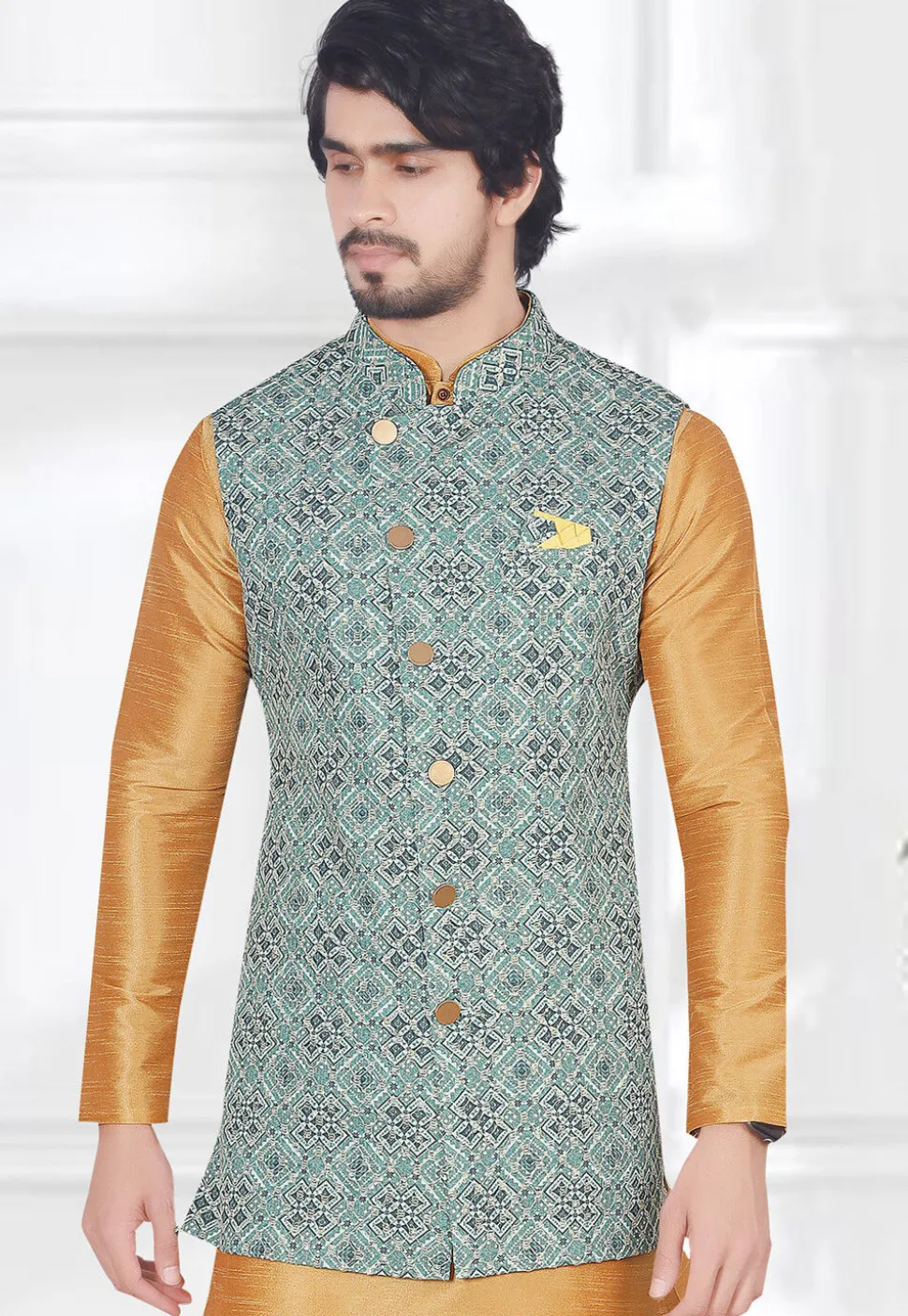 Digital Printed Rayon Long Nehru Jacket in Sea Green