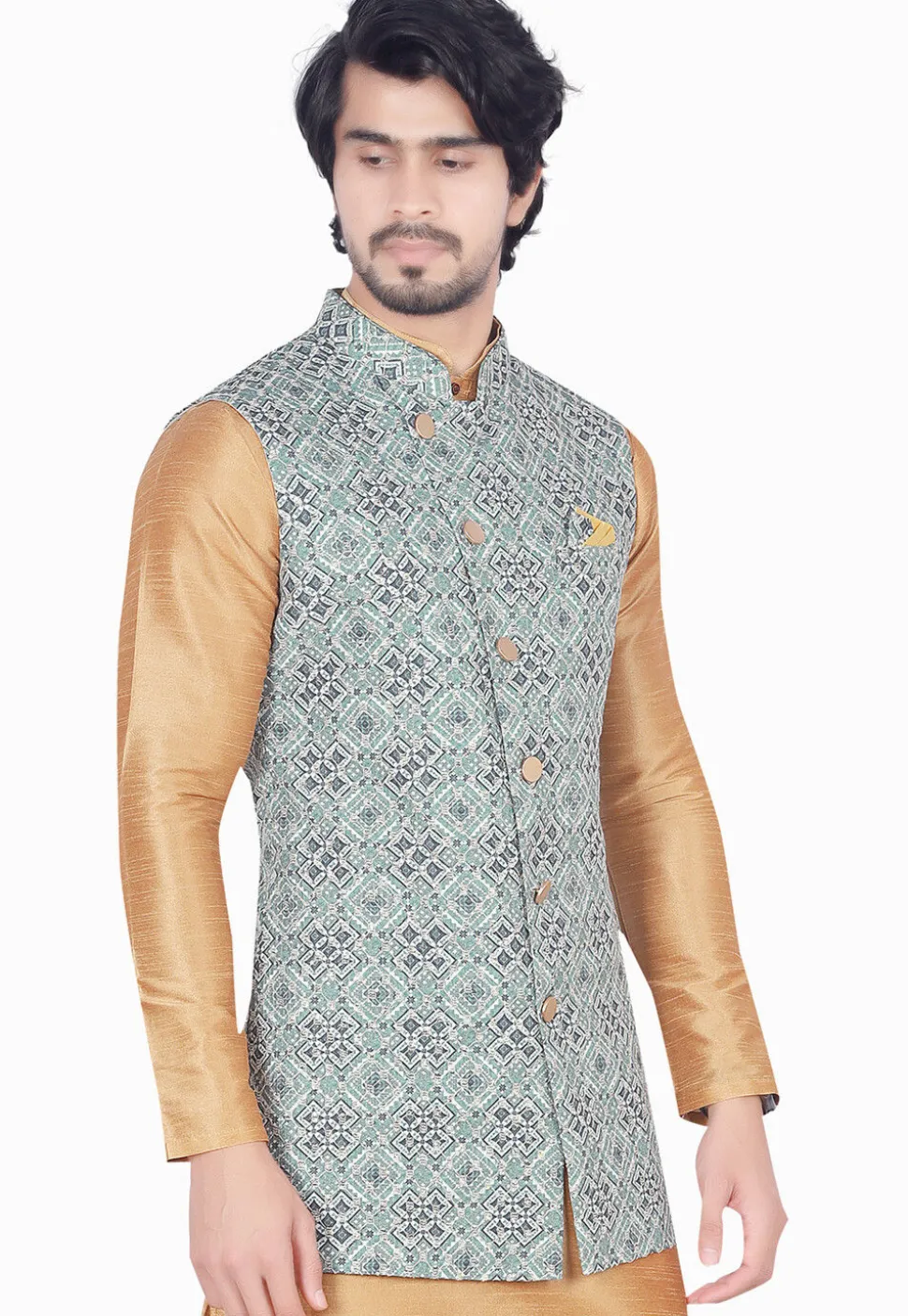 Digital Printed Rayon Long Nehru Jacket in Sea Green