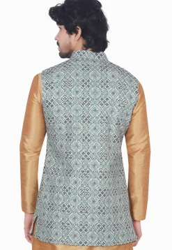 Digital Printed Rayon Long Nehru Jacket in Sea Green